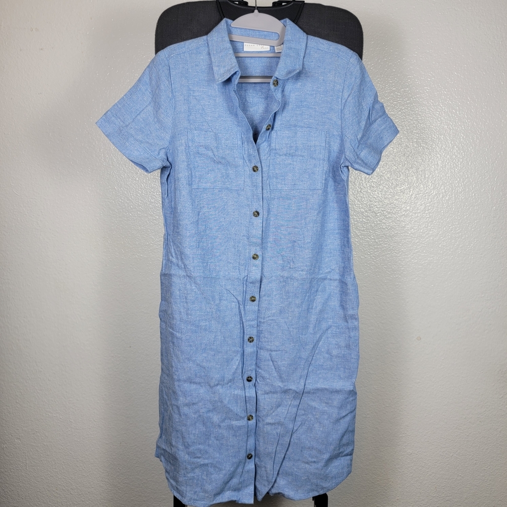 Susan Graver Pure Regular Linen Blend Button Front‎ Shirt Dress Blue Size XXS